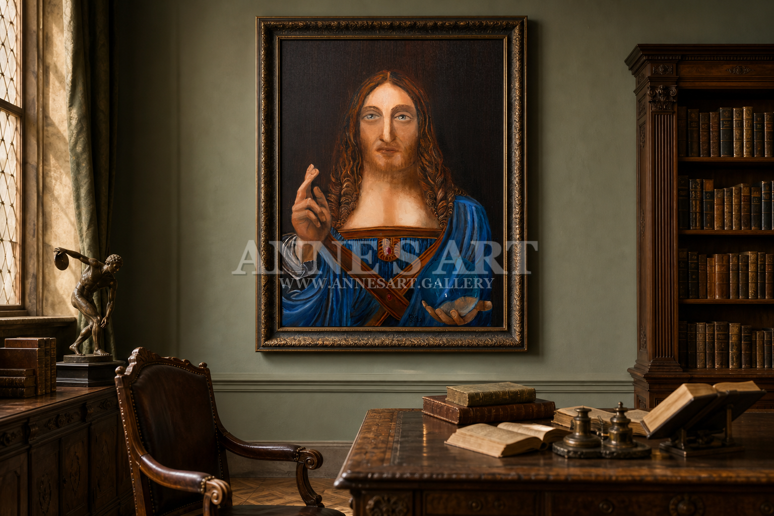 Salvator Mundi in einem antiken Bibliotheksinterieur
